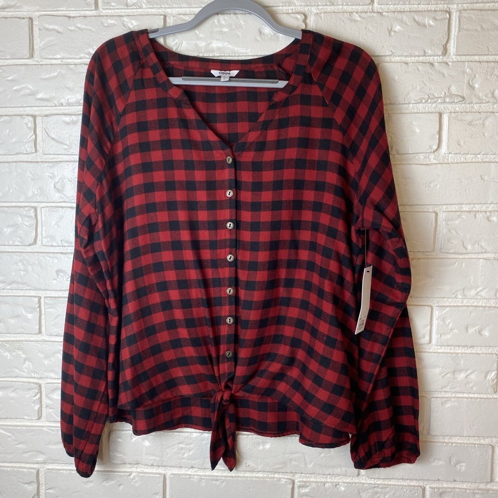 Sonoma Womens Button Up Blouse Size L Black/Red Buffalo Check Tie At‎ Waist